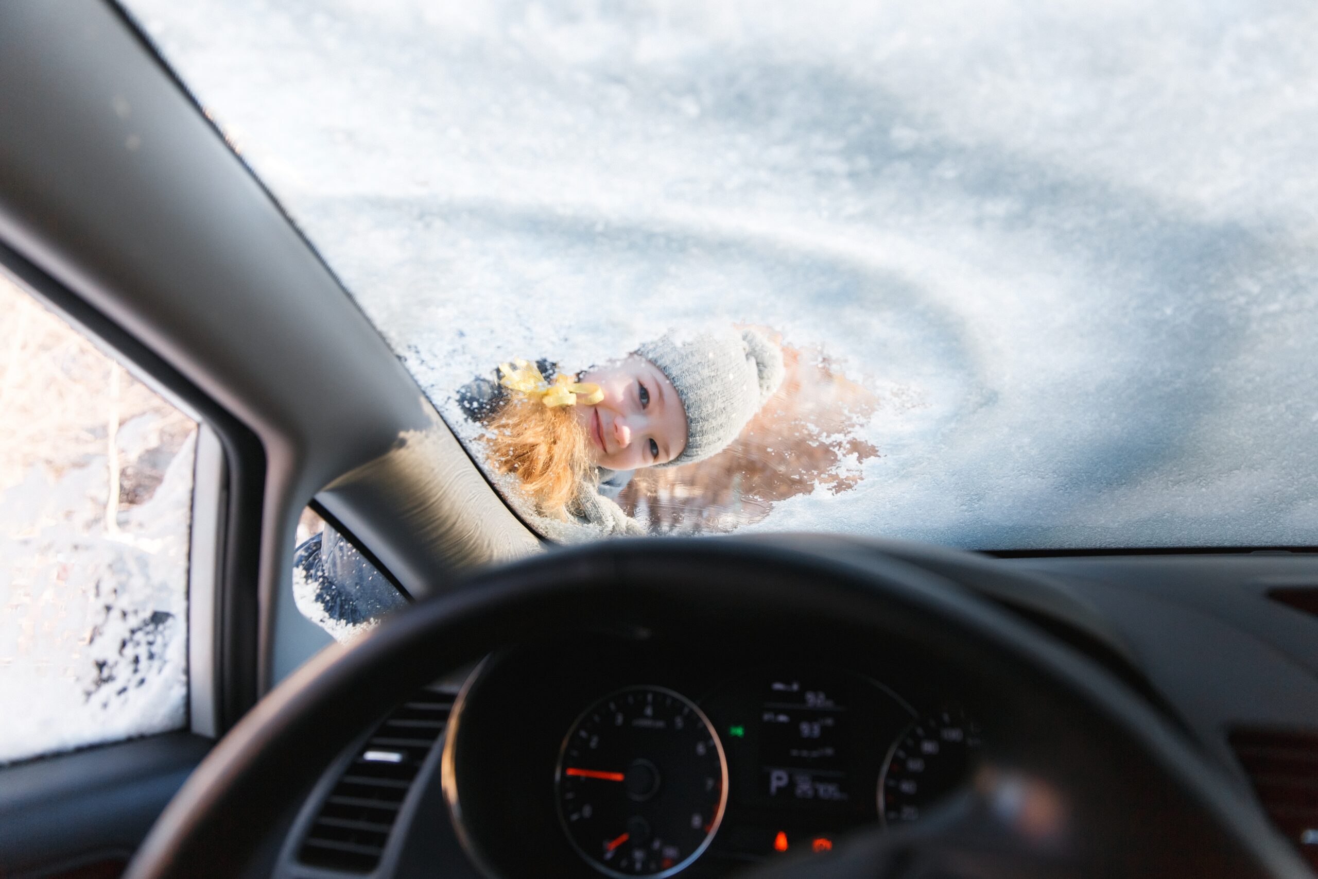 Car windshield during winter.
